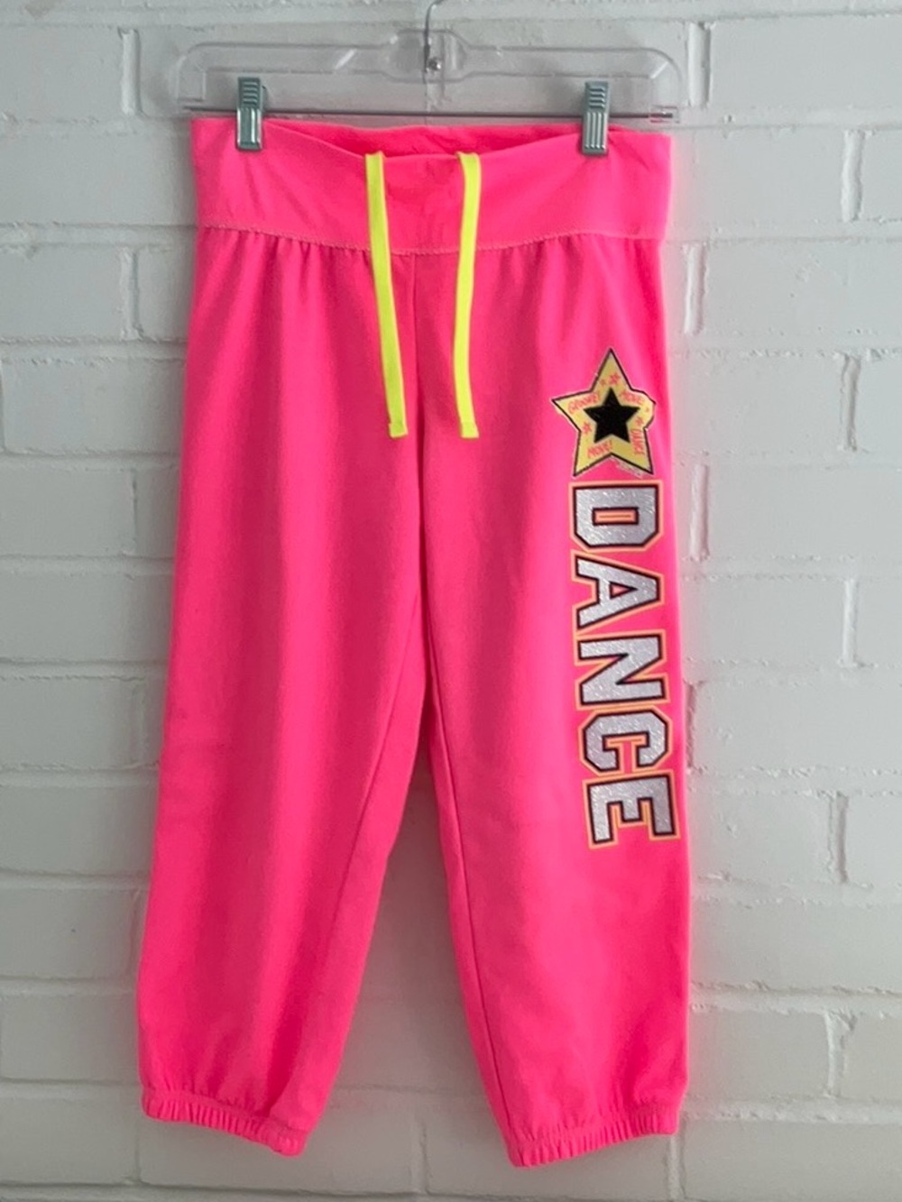 Girls Size 12 Neon Pink "DANCE" Jogger Pants with Bright Yellow Drawstring